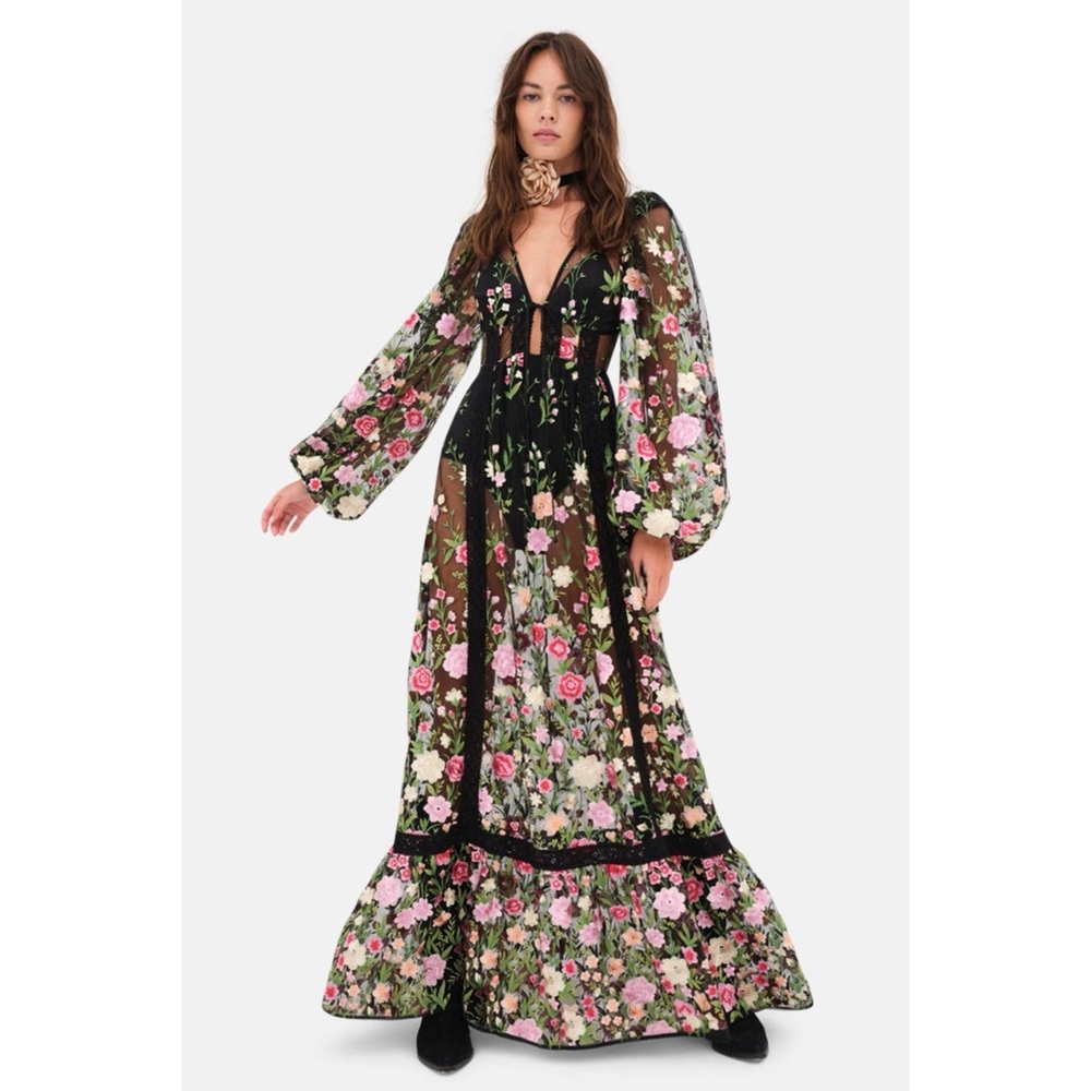 FOR LOVE & LEMONS Luna Black Embroidered Floral Maxi Dress Size XS NWT